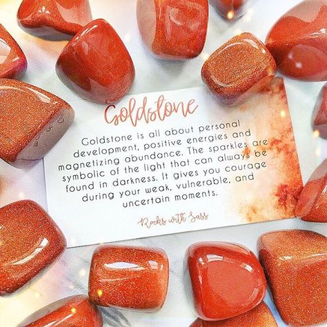 GOLDSTONE AFFIRMATION: I trust the intelligence of the universe. I harness my courage and strength. I know there is always light to be found in any darkness. Witchy Crystals, Crystals Healing Properties, Spiritual Crystals, Gemstone Meanings, Crystal Therapy, Crystal Healing Stones, Crystals Healing, Key Words, Crystal Meanings