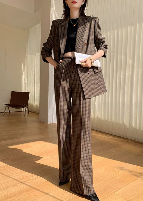 Vivian Seven Chocolate Brown Monochromatic Outfit, Brown Corporate Outfit, Women Court Outfit, Brown Formal Outfit, Blazer Set Outfits For Women, Brown Set Outfit, Long Blazer Outfits For Women, Brown Suit Women's, Brown Plaid Pants Outfit