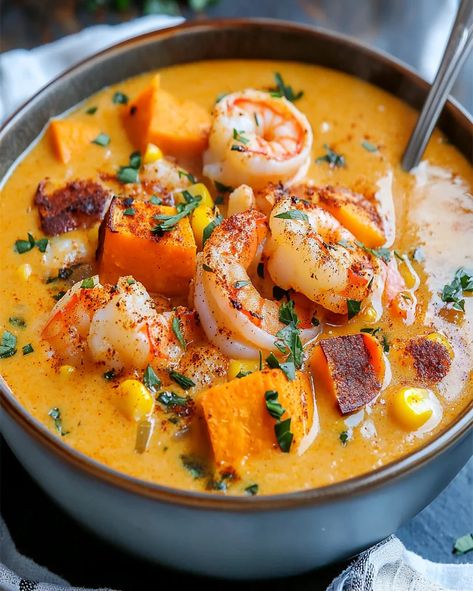 Cajun Sweet Potato Seafood Chowder Recipe - Easy & Tasty Sweet Potatoes And Shrimp, Shrimp Sweet Potato Recipes, Shrimp And Sweet Potato Recipe, Loaded Chicken Nachos Recipe, Roasted Potatoes And Broccoli, Seafood Chowder Recipe, Onion Butter, Jasmine Rice Recipes, Potatoes And Broccoli