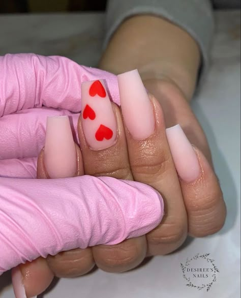 Valentine Matte Nails, Valentines Day Nails Nude With Hearts, Matte Nails Valentines Day, Nude Nails Valentines Day, Pale Pink Valentines Day Nails, Nude Valentines Day Nails Acrylic, Simple Valentines Nails Coffin, Matte Valentines Day Nails, Valentines Day Nails Matte