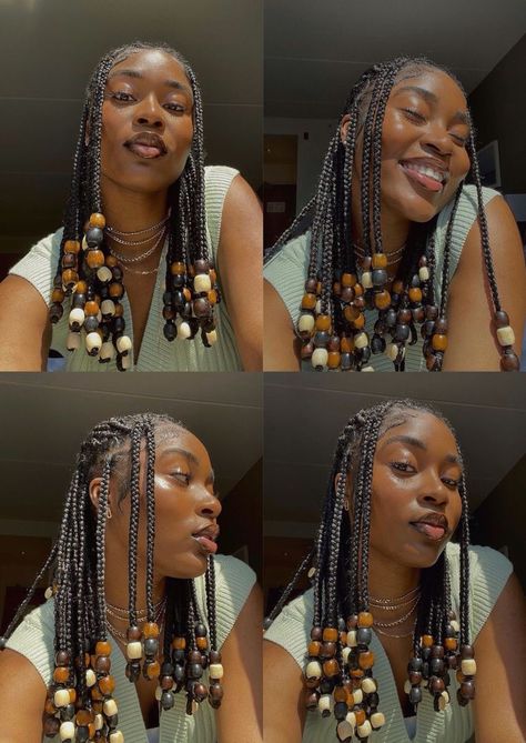 Braids W Wooden Beads, Cute Short Braided Hairstyles With Beads, Box Braids With Wood Beads, Braids With Beads Hairstyles Black Women, Beaded Bob Braids, Boxbraids Hairstyle With Beads, Box Braids Wooden Beads, Thick Braids With Beads, Wooden Beads On Braids