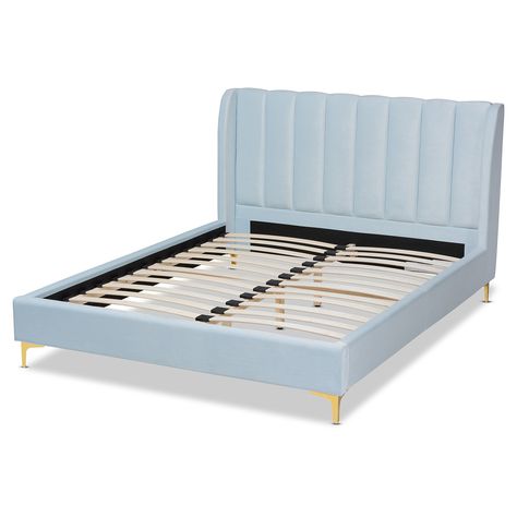 Light Blue Velvet, Classic Channel, Glam Lighting, Blue Velvet Fabric, Headboard With Lights, Queen Size Platform Bed, Tone Legs, Queen Platform Bed, Velvet Bed