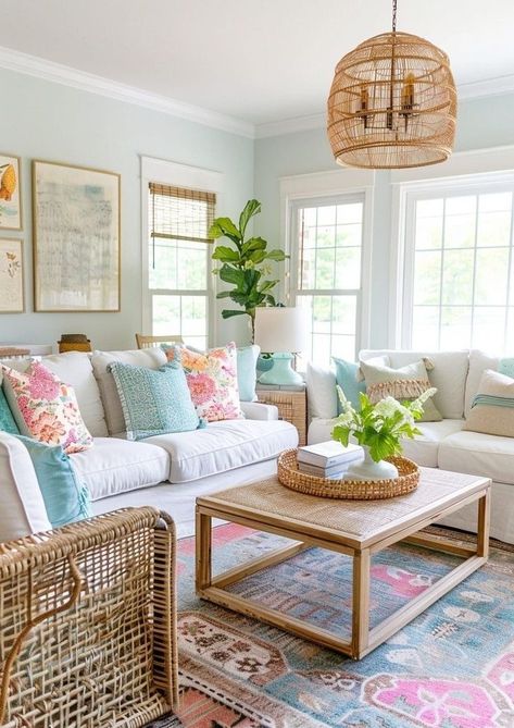 Beachy Coastal Living Room, Coastal Cottage Design Ideas, Coastal Boho Living Room Ideas, Boho Beach Apartment, Colorful Coastal Living Room, Colorful Farmhouse Living Room, Summer Apartment Decor, Beach Condo Living Room, Summer Home Interior