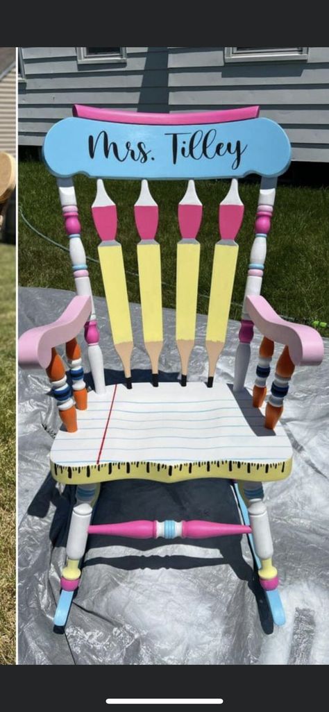 Classroom Rocking Chair Teachers, Teacher Painted Chair, Teacher Stools Painted Diy, Teacher Rocking Chair Painted, Painted Teacher Stool, Classroom Rocking Chair, Teacher Rocking Chair, Teacher Art Projects, Teacher Rocking Chairs