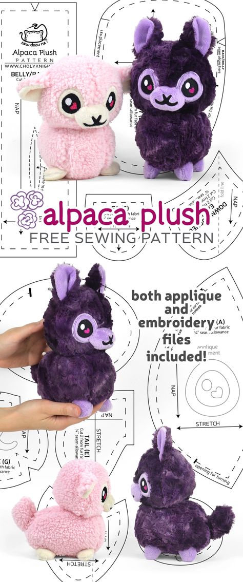 Free sewing tutorial: make a cute and fuzzy alpaca plush with fluffy faux fur! Choly Knight, Animal Sewing Patterns, Plushie Patterns, Applique Templates, Sewing Stuffed Animals, Sew Ins, Kawaii Plushies, Plush Pattern, Sewing Toys