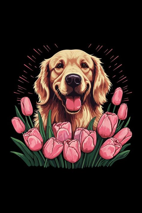 A Golden Retriever surrounded with pink tulips, illustration. A beautiful art illustration in vector style would be ideal for any Golden Retriever dog lover who also love pink tulips or flowers Tulips Illustration, Golden Retriever Illustration, Golden Retriever Painting, Adorable Golden Retriever, Dog Design Art, Animal Canvas Paintings, Golden Retriever Art, Pet Picture, Cute Dog Wallpaper