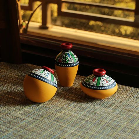 Handmade Products - Buy Indian Handicraft Product Online in India – ExclusiveLane Decorative Terracotta Pots, Decorating Terra Cotta Pots, Miniature Pots, Traditional Vases, Miniature Pottery, Painted Pots Diy, Rich Country, Painted Terra Cotta Pots, Jar Art