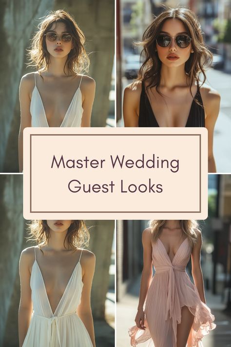 This pin features excellent wedding guest attire tips using 4 images that decode dress codes for any ceremony while emphasizing fabulous fashion choices with relatable imagery. Resort Wedding Guest Attire, Evening Wedding Attire, Dressy Cocktail Dress, Wedding Guest Attire, Beachy Wedding, Dressy Flats, Semi Formal Wedding, Elegant Cocktail Dress, Dress Code Wedding