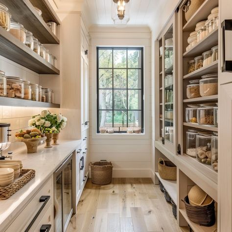 Walk Through Pantry To Laundry, Modern Pantries, Walk In Pantry With Window, Pantry Window, Dollhouse Farmhouse, Minimalist Pantry, Pantry Goals, Pantry Designs, Pantry Shelving Ideas