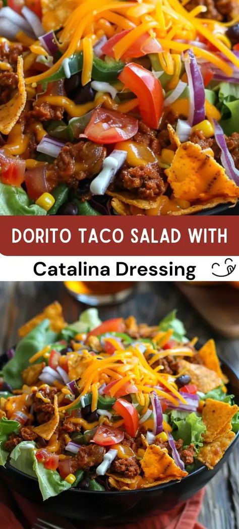 Dorito Taco Salad with Catalina Dressing Recipe Dorito Taco Salad With Catalina Dressing Ground Beef, Catalina Taco Salad Doritos, Taco Salad Catalina Dressing, Taco Salad Recipe With Catalina Dressing, Catalina Taco Salad, Dorito Salad, Taco Salad With Catalina Dressing, Catalina Dressing Recipes, Dorito Taco Salad