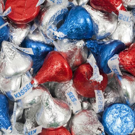 2.55 lbs Patriotic Candy Hershey's Kisses Chocolate with Red, Blue, & Silver Foil (approx. 255 pcs) | Oriental Trading July Aesthetic, Hershey Kisses Chocolate, Hershey's Kisses, Kisses Chocolate, Cold Pack, Hershey Kisses, Patriotic Holidays, Chocolate Treats, Store Signs