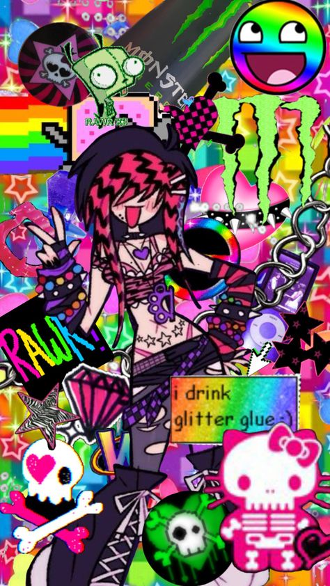 #myfirstshuffle #scenecore #scene #scenemo #scenekid #2010s #neon Scene Kid Wallpaper, Scene Emo Wallpaper, Scene Kid Aesthetic, Scenecore Wallpaper, Scene Core Wallpaper, Scene Emo Art, Scene Kid Art, Scene Pfp, Scene Icons