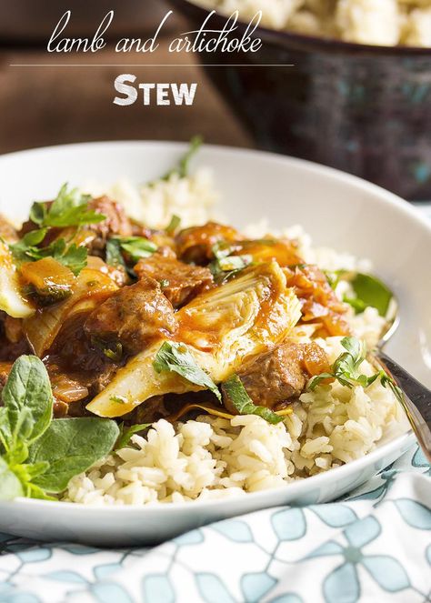 Lamb and Artichoke Stew - I love this Greek inspired spring stew full of lean lamb, artichokes, tomatoes, and plenty of fresh oregano. Serve it over rice or with some crusty bread to soak up the sauce. | justalittlebitofbacon.com Artichoke Stew, Lamb Stew Recipes, Greek Lamb, Serve Over Rice, Crockpot Stew, Slow Cooker Stew, Lamb Ribs, Lamb Stew, Artichoke Recipes