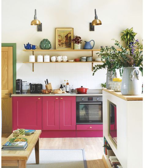 Berry Kitchen Cabinets, Raspberry Kitchen Cabinets, Wooden Panel Kitchen, Bright Kitchen Ideas Colorful, Eclectic Homes, Curated Home, Dream Kitchens Design, Kitchen Dining Living, Home Space