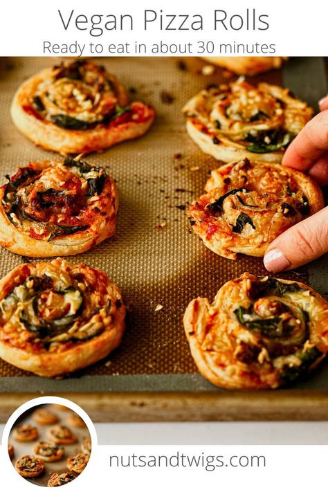 baking tray with several rolls and a hand picking one up. Easy Vegan Pizza, Vegan Pizza Rolls, Pizza Roll Recipe, Pizza Roll, Quick Vegan, Crowd Pleasing Appetizers, Hearty Casseroles, Puff Pastry Dough, Game Day Snacks