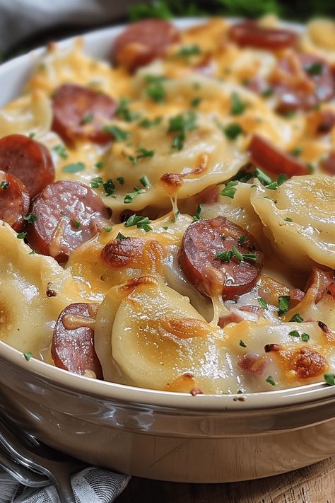 Slow Cooker Pierogi and Kielbasa Casserole Recipe Perogie Casserole Kielbasa Crockpot, Kielbasa One Pan Meal, Easy Meals With Kielbasa, Pierogi Slow Cooker Recipe, Crockpot Perogie And Sausage, Pierogi And Kielbasa Casserole, Breakfast Pierogies, Kielbasa And Perogies Recipes, Recipes With Pierogies