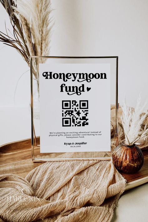 Editable Honeymoon Fund Sign, DIY Venmo QR Code Wedding Wish Sign, Wedding Sign Canva Template, Retro Sign, Instant Download, MIRAY H723 by HarlekinLab on Etsy Honeymoon Fund Sign, Qr Code Wedding, Honeymoon Fund, Retro Sign, Party Bachelorette, Wedding Dress Pictures, Label Paper, Sign Wedding, Canva Design