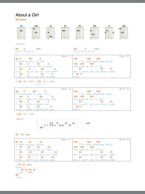 Nirvana About a Girl with tablature and chords Nirvana Guitar Chords, Nirvana Ukulele, Piano Cords, Nirvana Guitar, Music Basics, Song Chords, Nirvana Songs, Uke Tabs, Guitar Cord