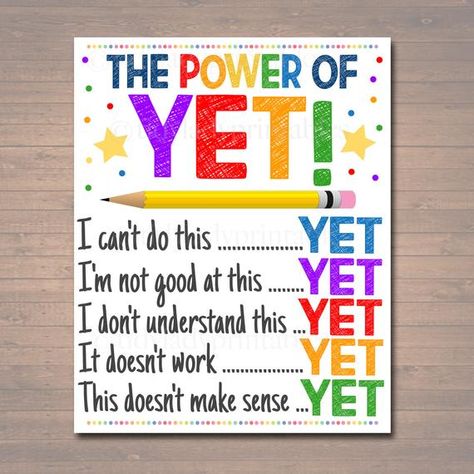 The Power of Yet Printable Poster, Growth Mindset, INSTANT DOWNLOAD, Motivational Wall Art, School Office Classroom Teacher Decoration Art Classroom Motivational Wall, Easy Classroom Decor High Schools, The Power Of Yet Poster, Preschool Motivational Quotes, School Wall Art Ideas Classroom, School Office Decorating Ideas, Growth Mindset Art, Fun Classroom Decor, Growth Mindset Classroom Decor