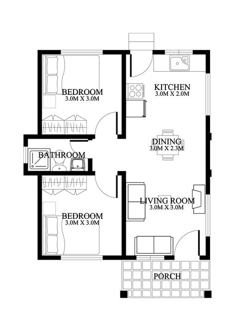 Small House Design Floor Plan, Two Bedroom House Design, 2 Bedroom House Design, Small House Design Philippines, Simple Floor Plans, Small Floor Plans, Bungalow Floor Plans, Two Bedroom House, Small House Layout