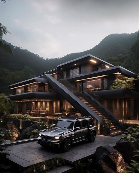 All Black House Exterior, Black Luxury House, Modern Black House, Futuristic House, Dark Modern, Futuristic Home, Dark House, Casa Container, Luxury Homes Dream Houses