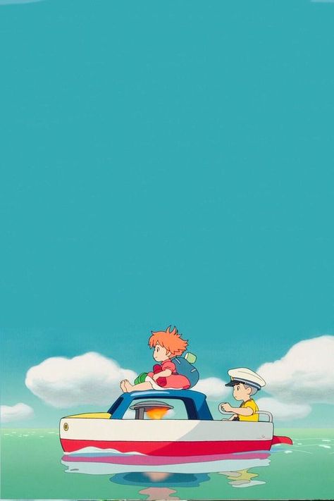 Ponyo and Sōsuke are on the boat. The picture from Miyazaki's movie. The nice mobile phone wallpaper Studio Ghibli Pictures, Ghibli Pictures, Studio Ghibli Background, Ghibli Artwork, Studio Ghibli Movies, Japon Illustration, Studio Ghibli Art, Ghibli Movies, Ghibli Art