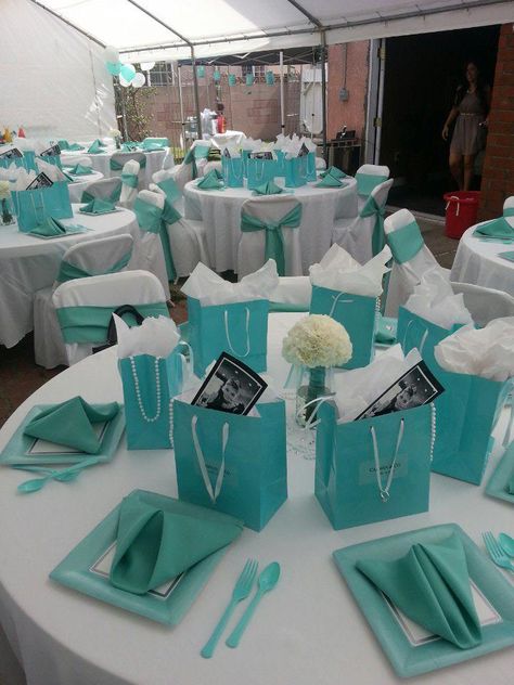 Table set up Tiffany Boxes, Tiffany Birthday Party, Goodie Bag Ideas, Womens Ministry Events, Tiffany Birthday, Ladies Event, Luncheon Ideas, Tiffany Theme, Tiffany Party