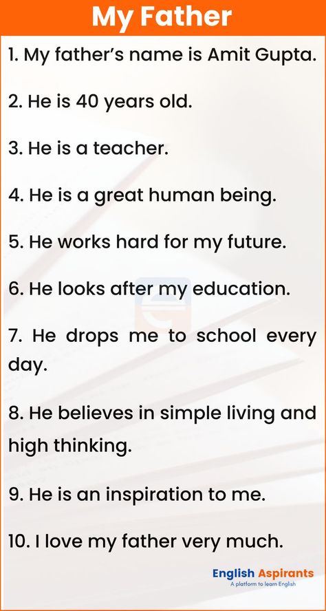 10 Lines on My Father Father Essay, 12th Grade English, Simple English Sentences, English Lines, I Love My Father, Reading Comprehension Lessons, New Vocabulary Words, Short Essay, English Grammar Worksheets