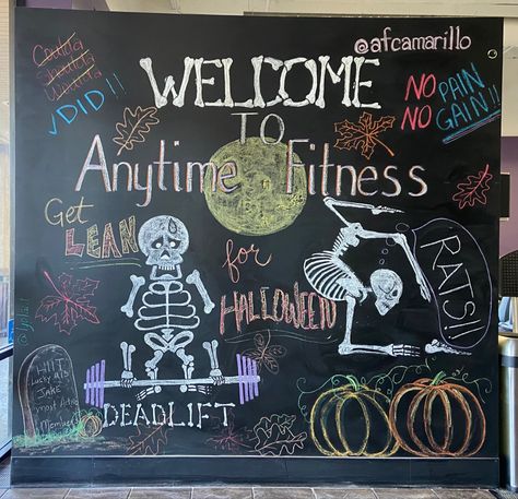 This is one of a series of gym chalkboard murals created for decoration and motivation. This one is Halloween themed. Anytime Fitness Chalkboard, Gym Chalkboard, Chalkboard Mural, Summer Chalkboard Art, Summer Chalkboard, Halloween Chalkboard, Gym Chalk, Nutrition Club, Smoothie King