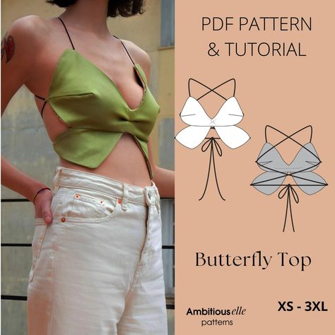 PDF Y2Κ Butterfly Bra Top Sewing Pattern, 2000s Crop Top Backless Lace-up Y2k-inspired Butterfly Top Pattern, Butterfly Crop Top Pattern - Etsy Australia Butterfly Top Pattern, Top Borboleta, Pola Top, Top Pattern Sewing, Butterfly Crop Top, Butterfly Bra, Fashion Design Inspiration, Haine Diy, Pattern Butterfly