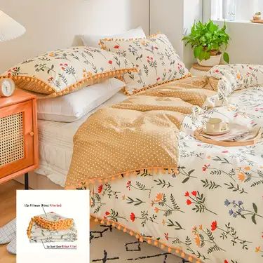 Temu Yellow Bedding Sets, Beige Duvet, Marble Duvet Cover, Beige Duvet Covers, Pom Pom Decor, Floral Print Bedding, Kids Twin Bed, Twin Size Duvet Covers, Flower Duvet Cover