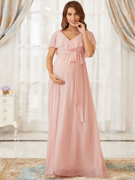 Baby Pink Romantic  Short Sleeve Chiffon Plain A Line  Slight Stretch Spring/Summer Maternity Silhouette Maternity, Chiffon Maternity Dress, Maternity Long Dress, Maternity Bridesmaid Dresses, Dress With Ruffle Sleeves, Pencil Silhouette, Look Short, Ever Pretty, Maternity Gowns