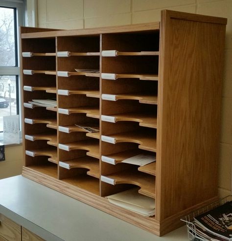 Pigeon hole mailbox built for the office Pigeon Holes Storage Ideas, Mail Room Ideas, Office Mailbox Ideas, Speakeasy Basement, Office Mailbox, Office Mailboxes, Stationery Store Design, Flat File Cabinet, Pigeon Hole