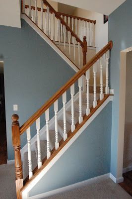 Painted Spindles, Staircase Spindles, Stair Railing Makeover, Wood Fireplace Surrounds, Interior Stair Railing, Stair Spindles, Painted Staircases, Wood Balusters, Stair Banister