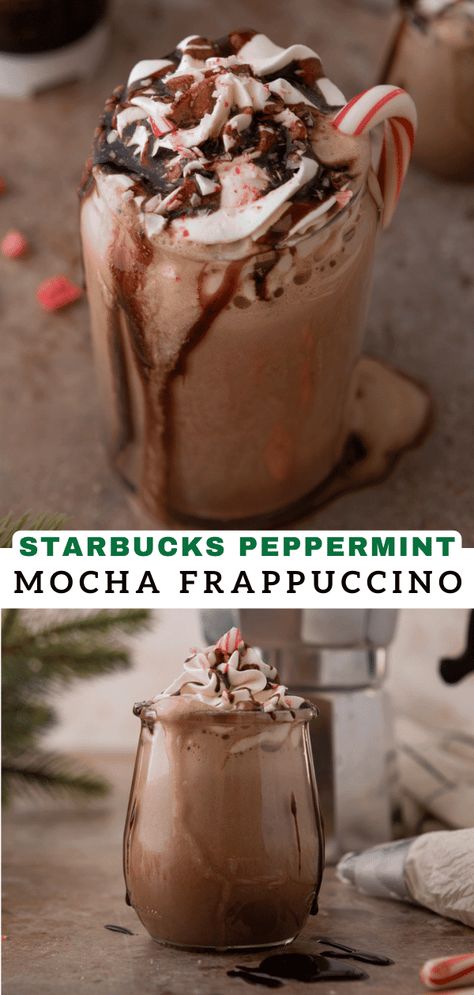 This delicious Stabrucks peppermint mocha frappuccino recipe is a delicious dupe to your favorite wintery drink! Starbucks Peppermint Mocha Recipe, Mocha Frappuccino Recipe, Starbucks Copycat Recipes Drinks, Winter Starbucks, Peppermint Mocha Frappuccino, Starbucks Frappuccino Recipe, Mocha Frappe Recipe, Peppermint Mocha Recipe, Starbucks Peppermint Mocha