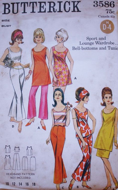 1960s crop top, wide legged pants, straight skirt and tunic top sewing pattern  Size 12  Bust: 32  Waist 25  Hip 34 This pattern is uncut and complete. Factory Folded. Envelope has edgewear and discoloration. Small pen marks top right front of the envelope. All patterns are mailed in quality archival storage sleeve. 60s Patterns, Tunic Sewing Patterns, Patron Vintage, Crop Top Pattern, 60s And 70s Fashion, Fashion 1960s, Robes Vintage, Skirt Blouse, Long Tunic Tops