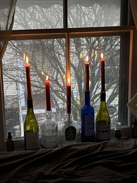 Candlestick Bedroom Decor, Wine Bottles Candles, Wine Bottles With Candles, Candles On Bottles, Long Candles Aesthetic, Bottles With Candles, Candle In Wine Bottle, Candles In Bottles, Candles In Wine Bottles