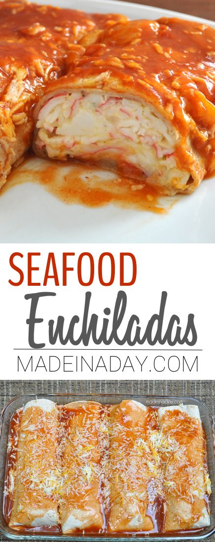 Seafood Enchiladas with Imitation Crab Meat. Main dish, Mexican food, crab burrito, crab meat enchiladas, Imitation crab, cheese & cilantro via @madeinaday Crab Enchiladas Recipe, Meat Enchiladas, Crab Enchiladas, Immitation Crab Recipes, Seafood Enchiladas Recipe, Seafood Enchiladas, Easy Enchilada Recipe, Crab Meat Recipes, Enchilada Recipe