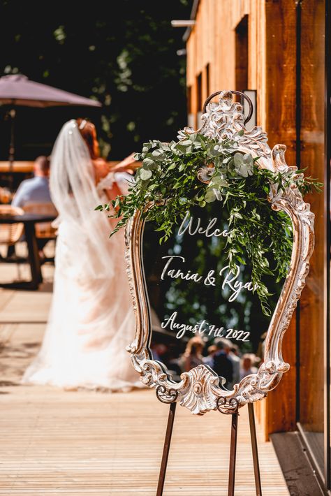 Colourful & Enchanted Forest Woodlands at Hothorpe Wedding Mirror Welcome Sign, Carpenter Photography, Mirror Wedding, Enchanted Forest Wedding, Lawn Games, Wedding Welcome Sign, Wedding Welcome Signs, Forest Wedding, Father Of The Bride