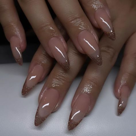 Brown Glitter French Tip Nails, Stiletto Nails Medium Length, Rose Gold Almond Nails, Rose Gold French Tip Nails, Apres Gel X Nails Design, Brown Glitter Nails, Glitter Frenchies, Apres Gel X Nails, Apres Nails