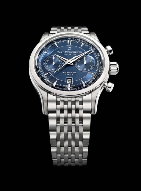 Showing at WatchTime Live 2020: Carl F. Bucherer Manero Flyback Models in Bright Blue | WatchTime - USA's No.1 Watch Magazine Carl F Bucherer, Lucerne, Luxury Timepieces, Telling Time, Fine Watches, 3 O Clock, Vintage Racing, The Horizon, Mechanical Watch