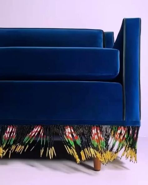 Jamie Ray Design Studio on Instagram: "Hello, STUNNER. Gotta love when old tired sofas stay out of landfill & get a new design lease on life with gorgeous upholstery & this fun beaded fringe trim! Absolutely fabulous reupholstery & design by @hilobrooklyn 🔥  . . . #reupholstery #upholstery #upholsterydesign #reupholstered #textiledesign #textiles #textile #velvet #velvetsofa #indigo #indigoblue #bluevelvet #beaded #beadwork #fringe #trim #trimwork #eclecticdesign #interiordesigninspo #interiors #interiorstyling #interiordesign #furnituredesign #furniture #furniturelovers" Beaded Fringe Trim, Navy Blue Velvet, Old Tires, Trim Work, March 7, Eclectic Design, Absolutely Fabulous, Velvet Sofa, Beaded Fringe