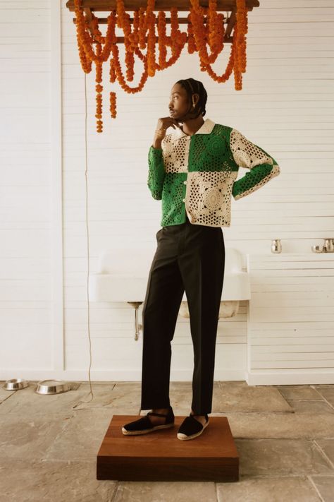 Bode Pre-Fall 2022 Menswear Fashion Show | Vogue Mens Editorial, Lace Up Espadrilles, Crochet Fabric, Menswear Fashion Show, Crochet Shirt, Menswear Fashion, Menswear Collection, Fashion Show Collection, Pre Fall