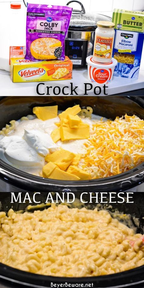 A creamy crock pot mac and cheese recipe made with velveeta that can be ready in two hours and let's you fix it and forget it on a busy night. Crockpot Mac And Cheese With Alfredo Sauce, Velvetta Mac N Cheese Recipe, Creamy Crockpot Mac And Cheese Recipe, Mac And Cheese Velveeta, Recipe Using Alfredo Sauce, Alfredo Mac And Cheese, Crockpot Mac N Cheese, Mac N Cheese Velveeta, Easy Crockpot Mac And Cheese Recipe