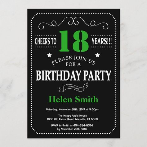 18th Birthday Black and Green Chalkboard Invitation Surprise 30th Birthday, Birthday 21st, Green Chalkboard, Chalkboard Invitation, 21st Party, 16th Birthday Invitations, 21st Birthday Invitations, Bday Invitations, Thirty Birthday