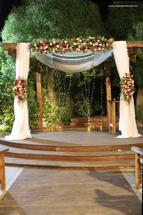 Chuppa-wooden-white-curtains Pergola Wedding, Wedding Chuppah, Festive Wedding, Rustic Wood Frame, Jewish Wedding, White Curtains, Under The Stars, Naan, Last Night