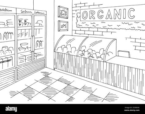 Download this stock vector: Grocery store organic shop interior black white graphic sketch illustration vector - 2C8GK6K from Alamy's library of millions of high resolution stock photos, illustrations and vectors. Store Illustration, Graphic Sketch, School Cafeteria, Sketch Illustration, Environmental Graphics, Shop Interiors, Shop Interior, Ink Pen Drawings, Illustration Vector