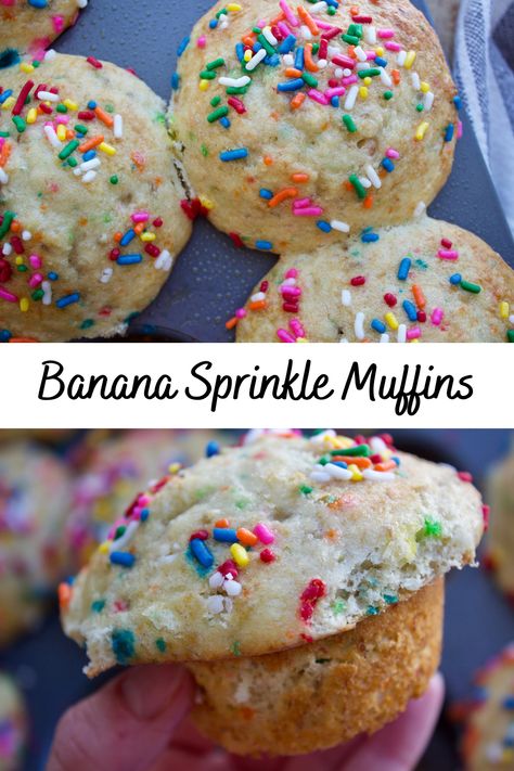 These banana sprinkle muffins are the perfect sweet treat! Made with bananas and cake mix! Sweet, fluffy and dense. Bursting with colorful sprinkles. Kids will love them…and adults! #muffins #muffinrecipes #cupcakerecipes #confetticakemix #cakemixrecipes #rainbowsprinkles #recipeswithsprinkles Sprinkle Muffins, Funfetti Muffins, Healthy Banana Muffins, Wakey Wakey, Sprinkle Cupcakes, Birthday Breakfast, Muffin Mix, Fun Recipes, Banana Healthy