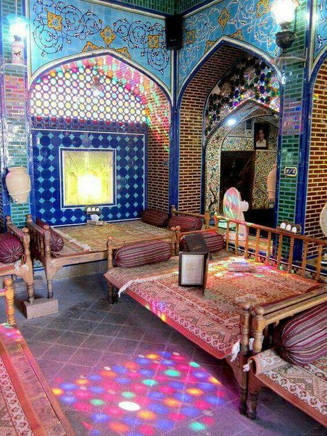 Traditional Tea House, Iran Persian Tea, Purple Diary, Magic Tea, Persian Decor, Beautiful Iran, Moroccan Inspiration, Turkish Decor, Ancient Persian, Indian Decor