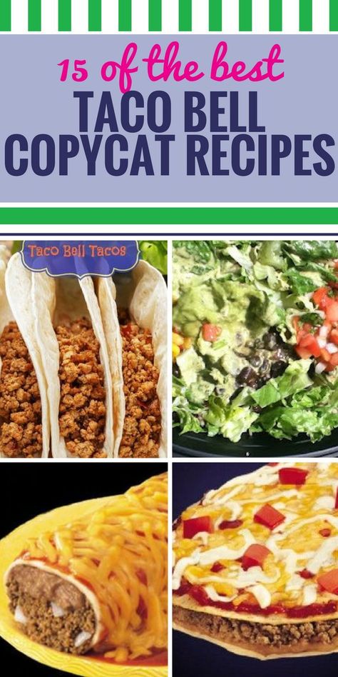 15 Copycat Taco Bell Recipes. Have a craving for Taco Bell but can't make a run to the border? Try these copycat recipes at home for authentic Taco Bell taste in taco salad, chicken burritos, beef tacos and of course that special sauce. #recipes #food #tacobell #copycat Taco Bell Copycat Recipes, Taco Salad Chicken, Taco Bells, Burritos Beef, Taco Bell Copycat, Copycat Taco Bell, Taco Salat, Taco Bell Recipes, Salad Chicken